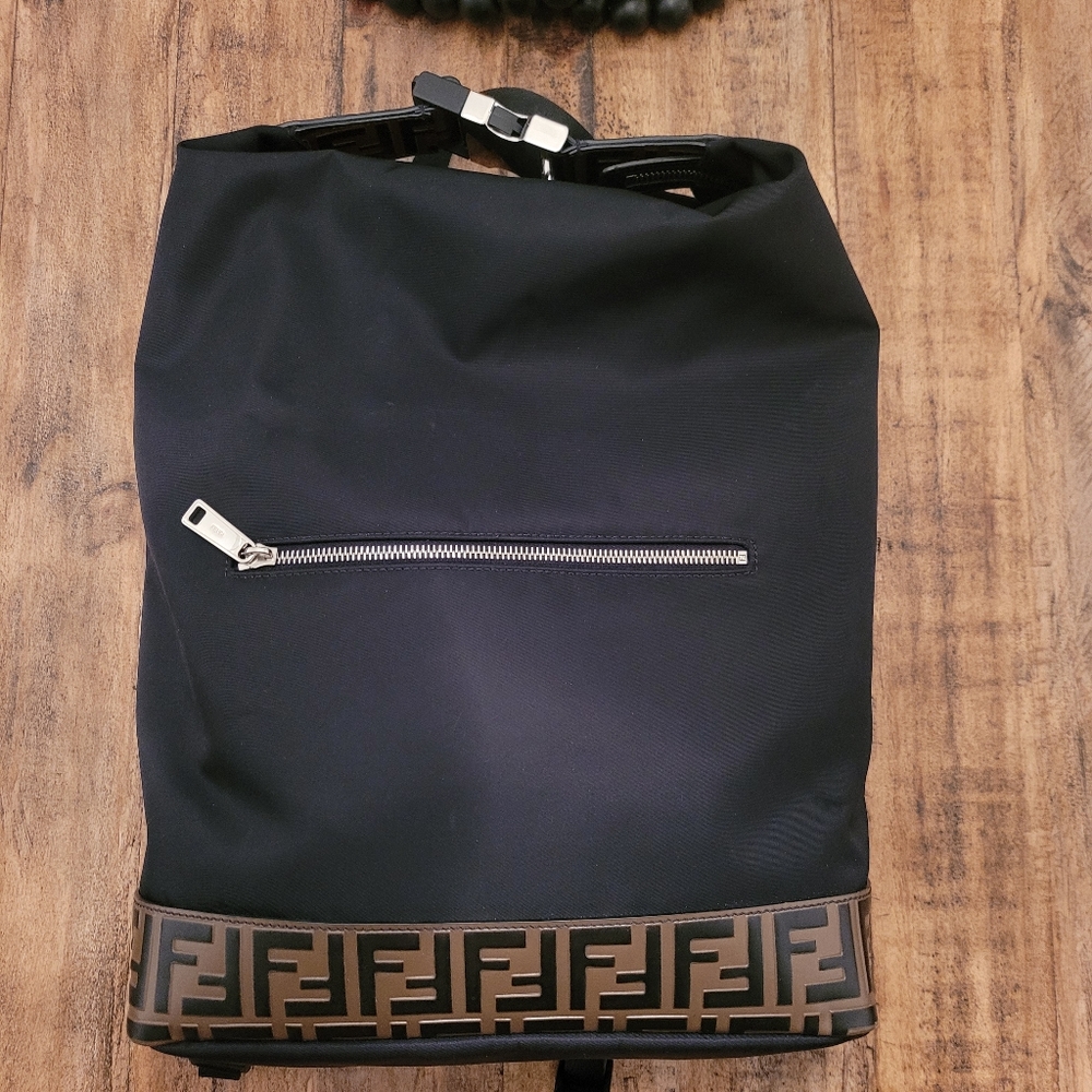 Fendi Santander Nylon Zucca Embossed Leather Backpack